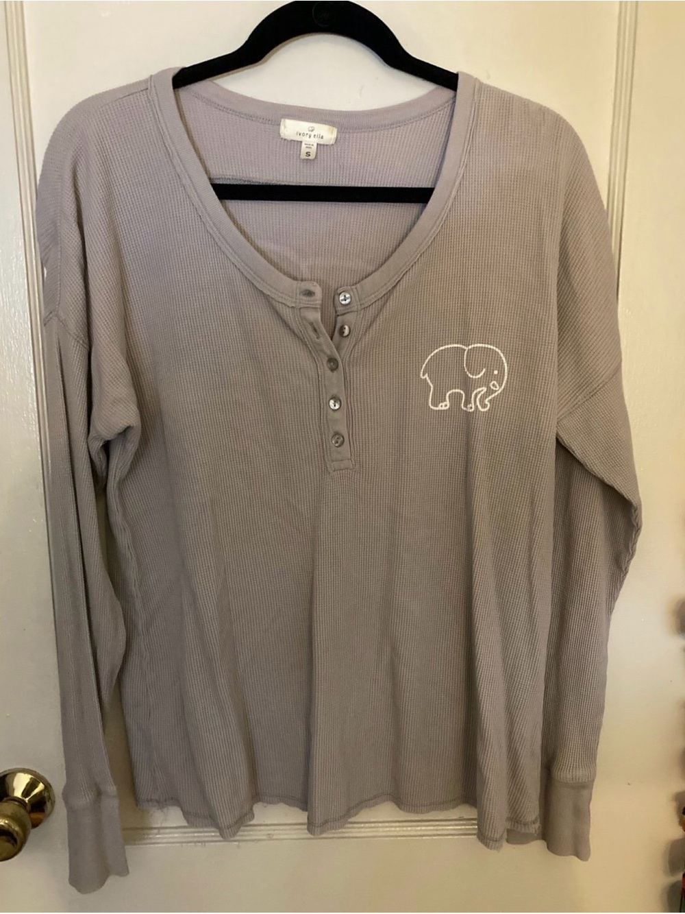 Ivory Ella grey long sleeve waffle tee, elephant, size small, oversized